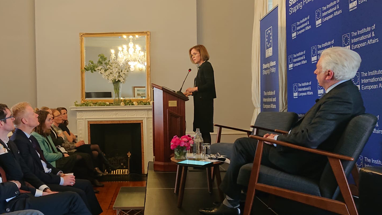 Síofra O’Leary delivering a keynote address to the Institute of International and European Affairs (IIEA), in Dublin, on 15 March 2024